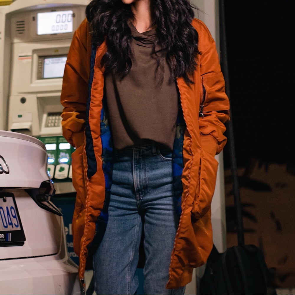 Nike Orange Long Puffer Coat with Blue Lining